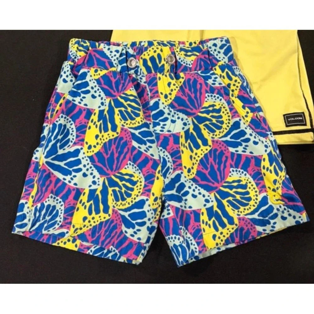 Volcom Blue Quail Swim Set Boys 4T Yellow Blue Butterfly Rash Guard Trunks GUC